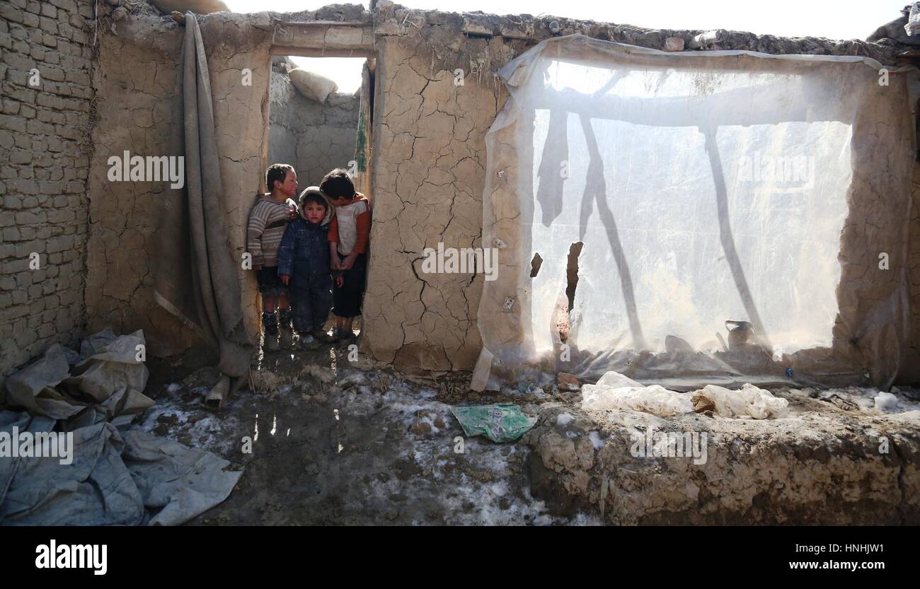 Kabul, Afghanistan. 13th Feb, 2017. Afghan children stand near their