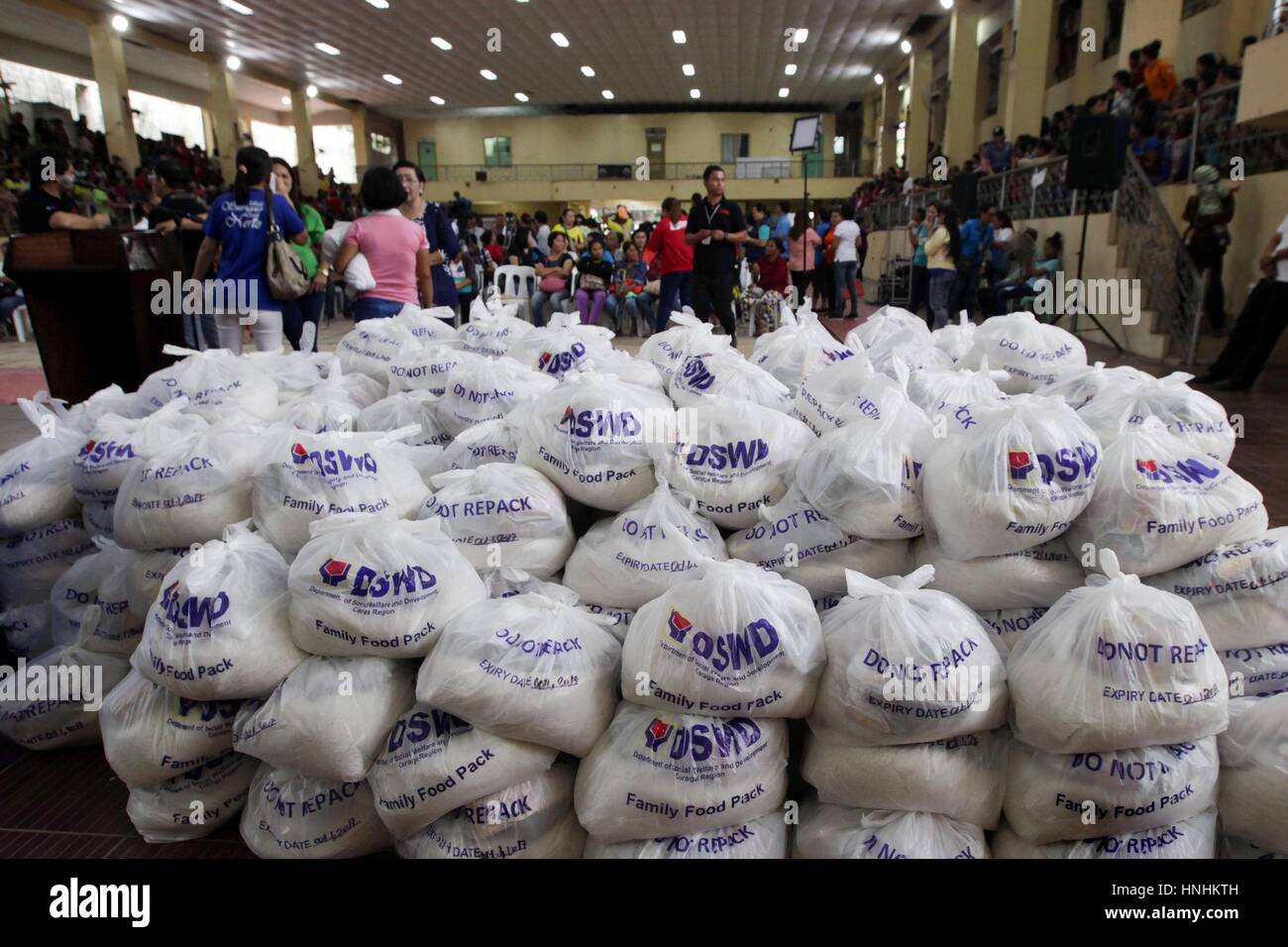 Surigao Del Norte Province, Philippines. 12th Feb, 2017. Emergency food supplies are stacked for distribution to families effected by the magnitude 6.7 earthquake February 11, 2017 in Surigao City, Philippines. The powerful earthquake killed at least eight people and injured more than 120. Credit: Planetpix/Alamy Live News Stock Photo
