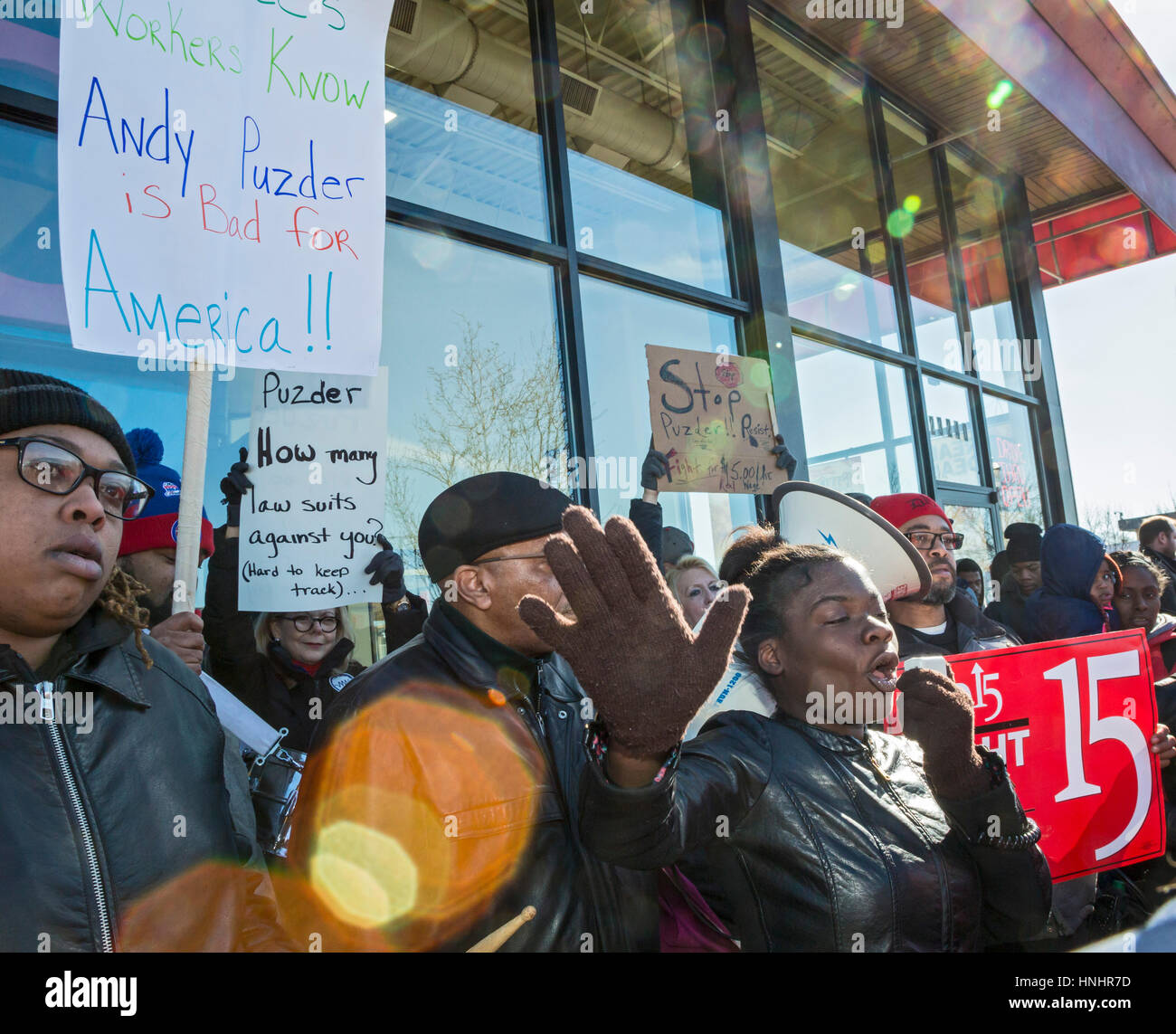 Hazel Park, Michigan, USA. 13th Feb, 2017. Fast food workers and their