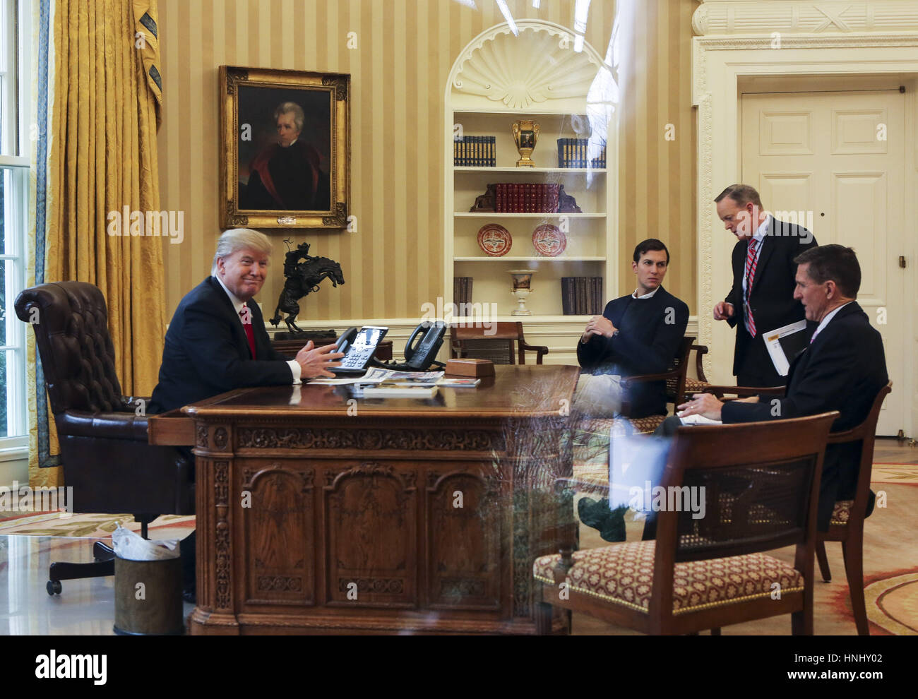 Washington United States Of America 29th Jan 17 Us President Donald Trump Speaks With The King Of Saudi Arabia Salman Bin Abd Al Aziz Al Saud In The Oval Office Of The White Washington United States Of America 29th Jan 17 Us President Donald Trump Speaks With The King Of Saudi Arabia Salman Bin Abd Al Aziz Al Saud In The Oval Office Of The White