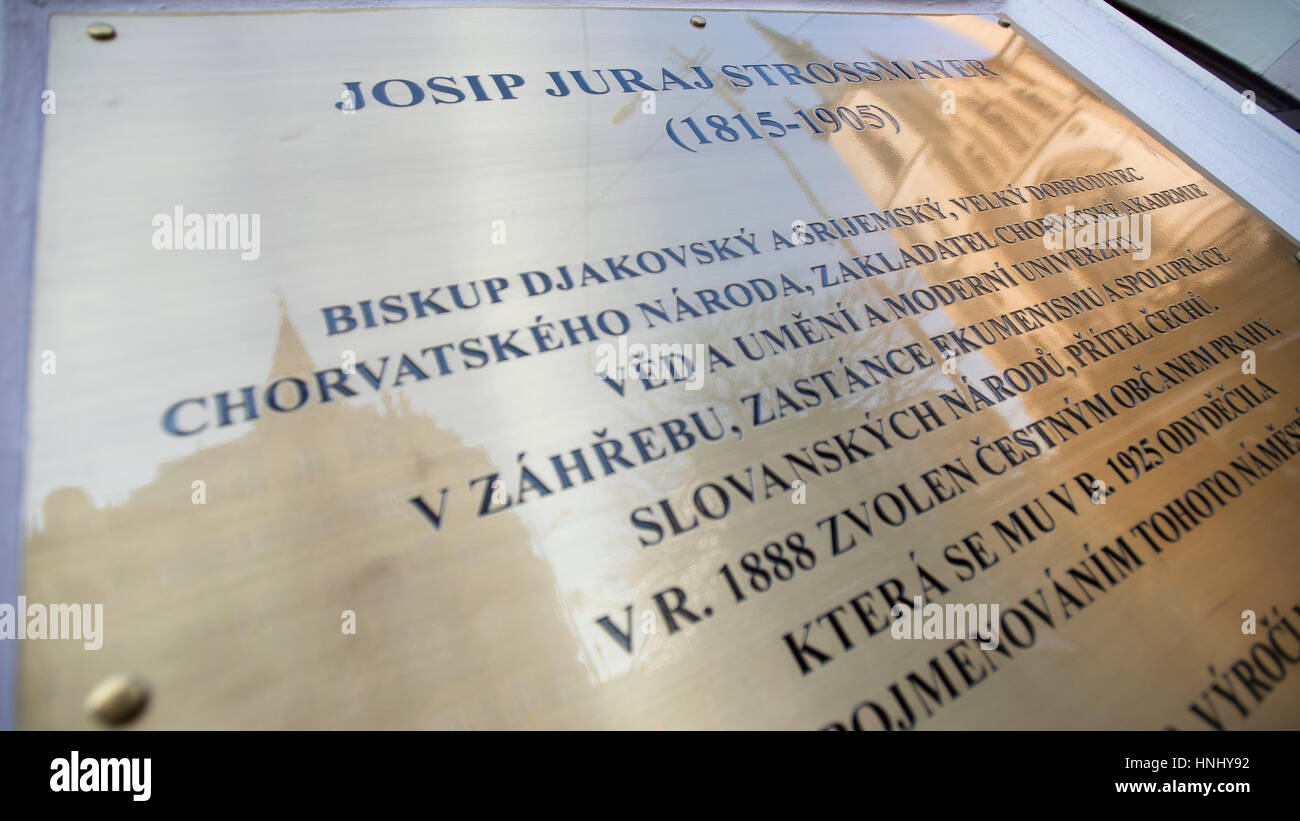 Prague, Czech Republic. 13th Feb, 2017. The memorial plaque to Croatian bishop and benefactor Josip Juraj Strossmayer will be unveiled at Prague District 7, Czech Republic, today, on Tuesday, February 14, 2017. Credit: Michal Kamaryt/CTK Photo/Alamy Live News Stock Photo