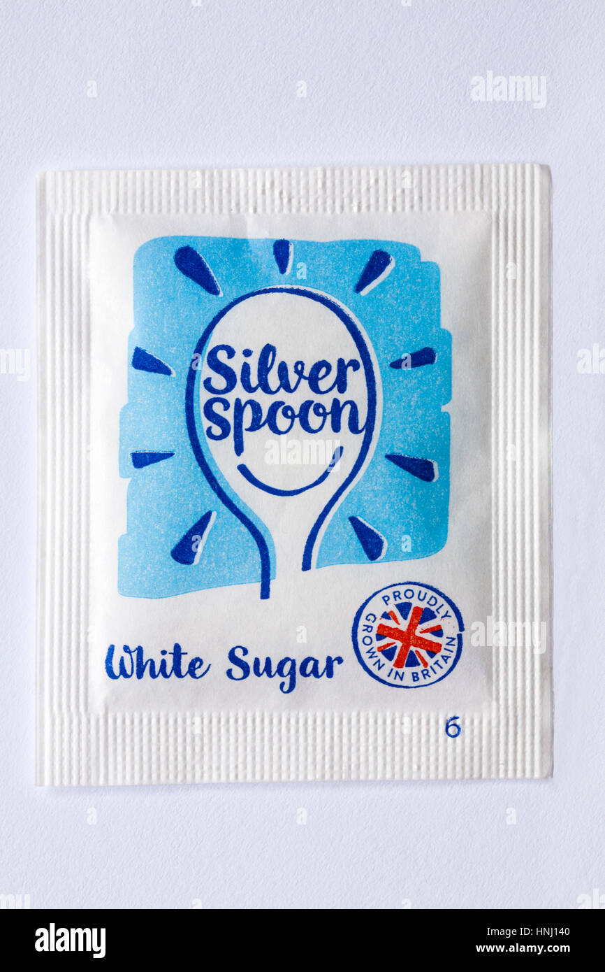 Sachet of Silver Spoon White Sugar proudly grown in Britain isolated on