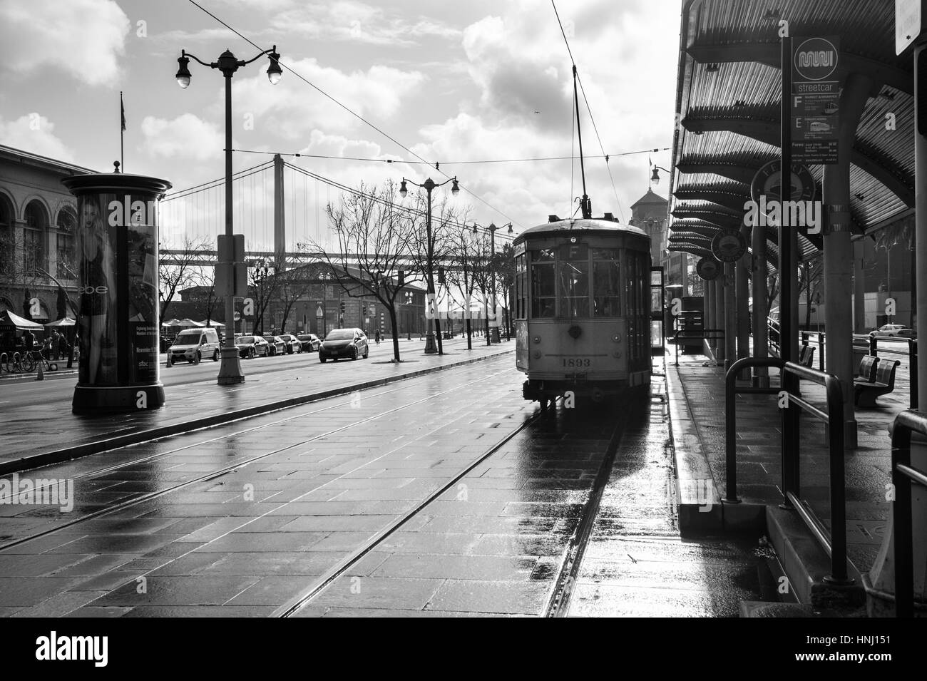 A Cable Car outside the Ferry Building Marketplace in San Francisco, California, USA in rainy weather Stock Photo