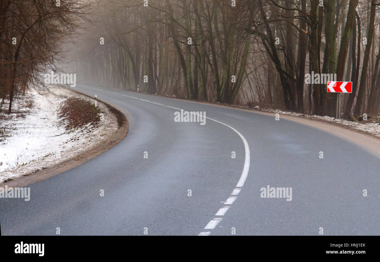early morning road fog trees road autumn spring Stock Photo - Alamy