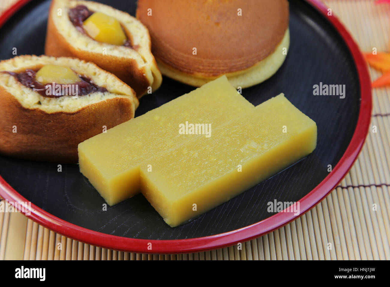 Imoyokan(Japanese sweet bean jelly) and Dorayaki cakes Stock Photo Alamy