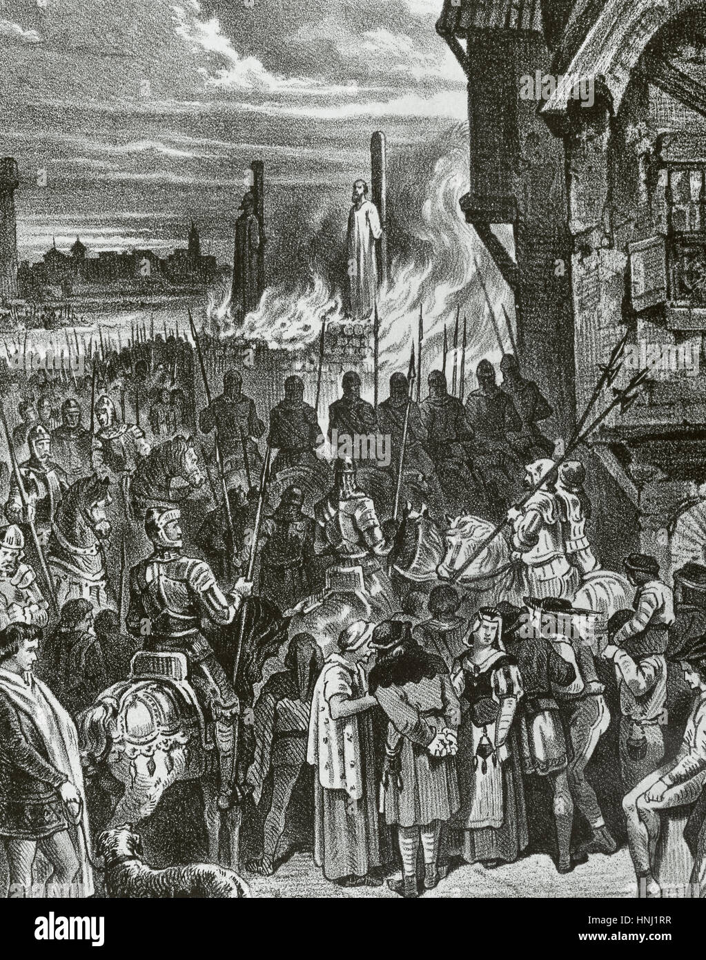 Burning of the Templars in France. Paris. Jacques de Molay (c.1240-1244-1314), Grand Master of the Order of the Temple, and Geoffroi de Charney, preceptor in Normandy, are burned at the stake accused of heresy by Pope Clement V March 18, 1314. Engraving. Stock Photo