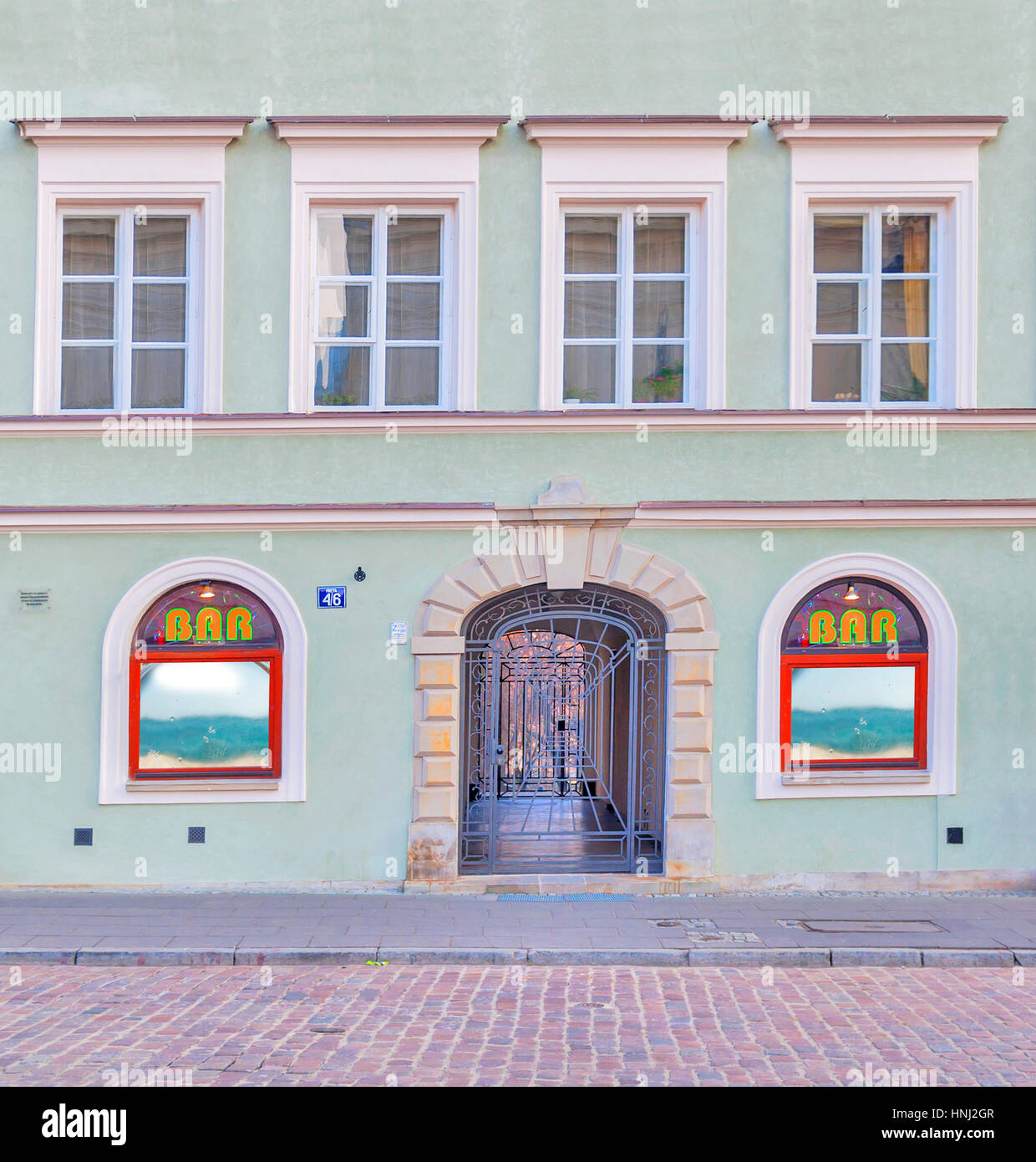 Brick building with windows on sky background Stock Photo - Alamy