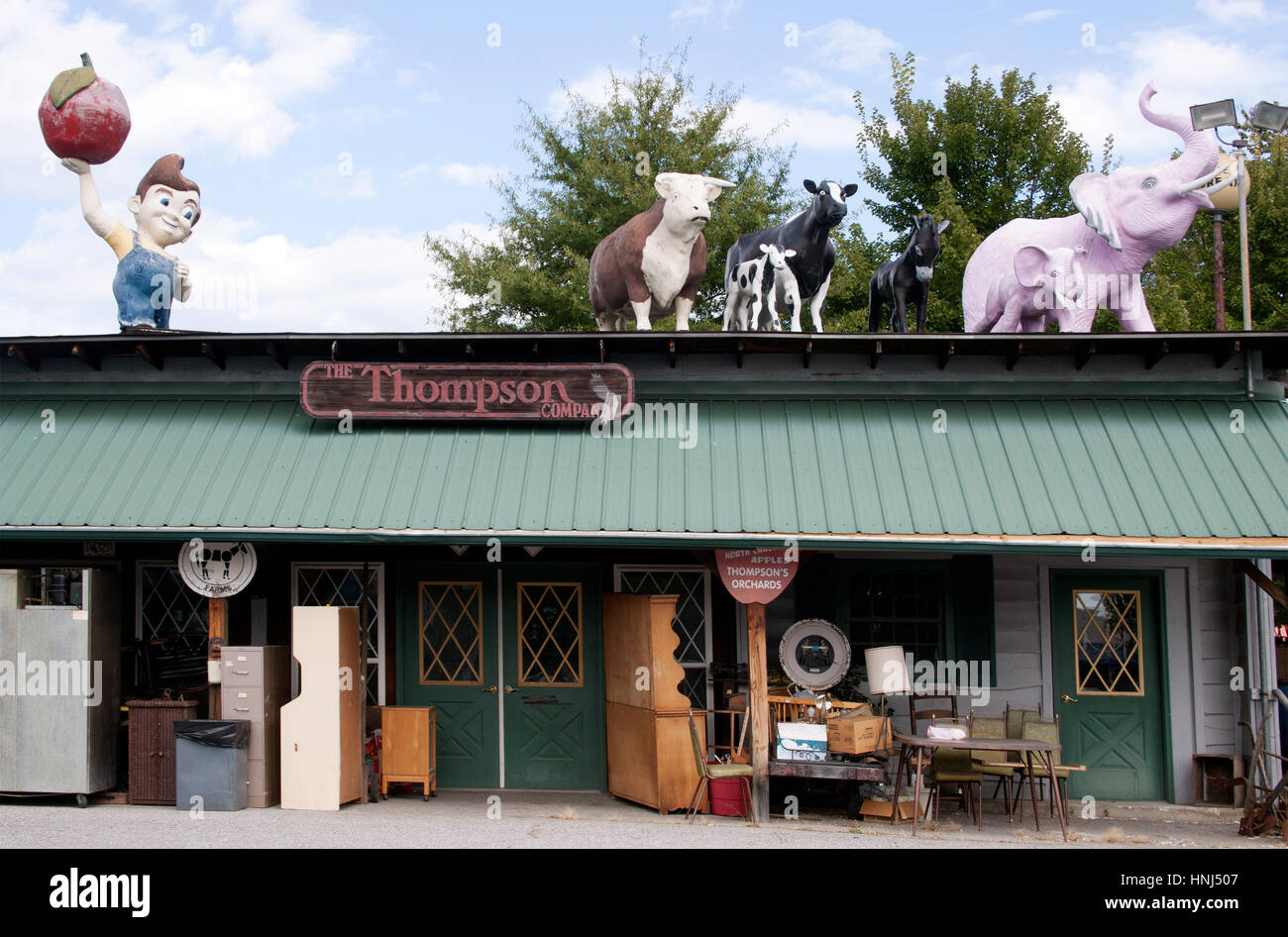Harry’s Grill & Piggy’s Ice in Hendersonville, NC is a quirky roadside eatery packed with vintage signs, statues, and nostalgic Americana charm. Stock Photo