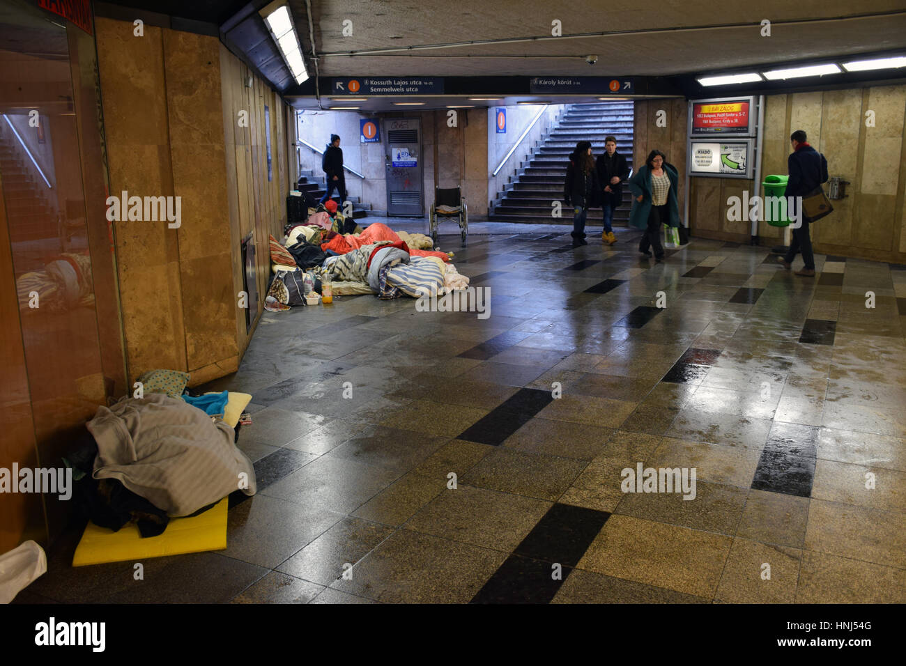 Homeless People Sleeping In Metro Budapest Hungary February