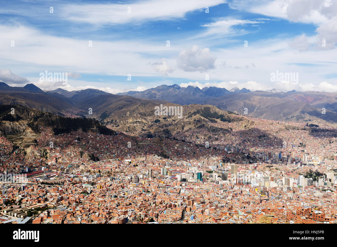 La Paz - the governmental capital of Bolivia. The city's building cling to the sides of the canyon and spill spectaculary downwards. The picture prese Stock Photo