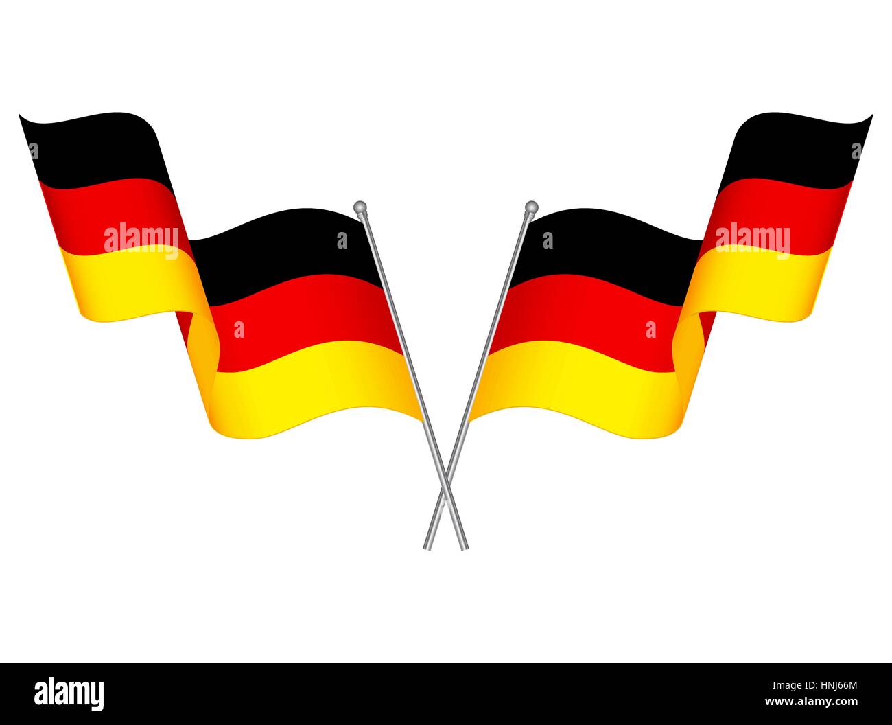 Two crossed waving Germany flags isolated on white background Stock