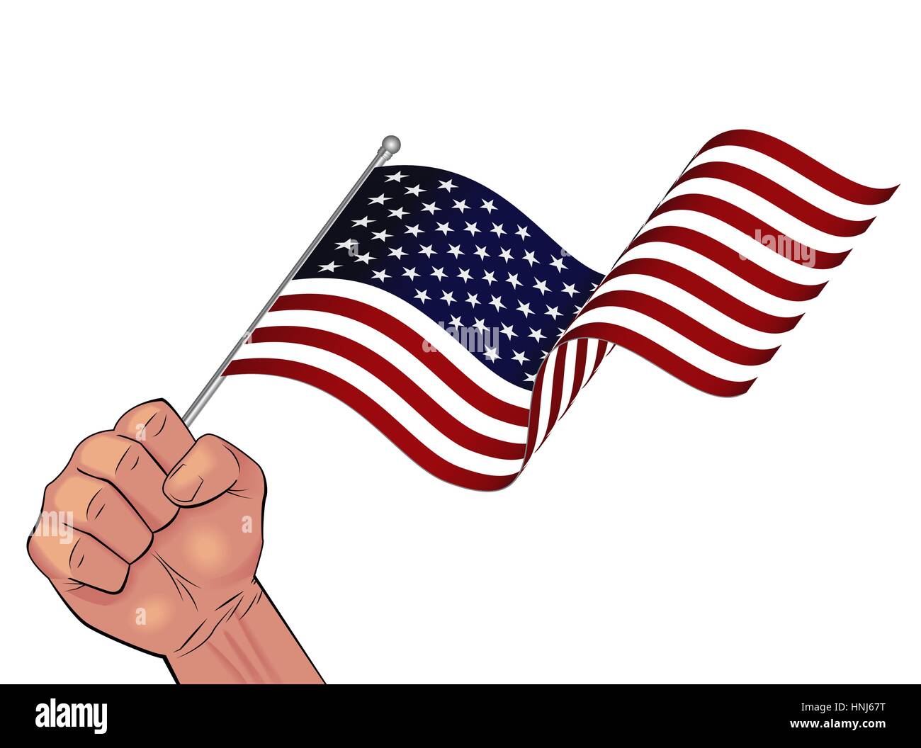 Man hand holding waving USA flag in fist illustration isolated on white
