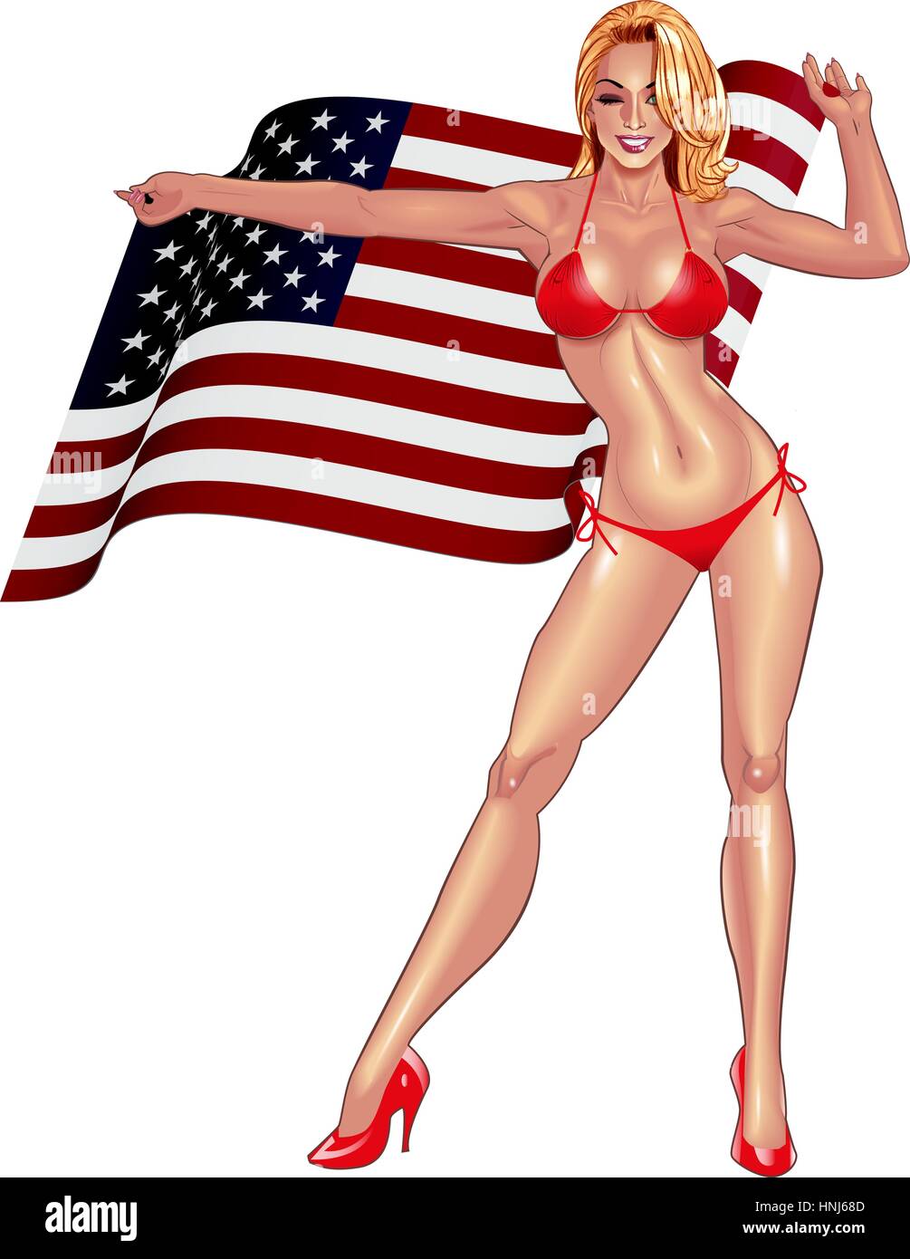 Beautiful lady in red bikini with waving USA flag isolated on