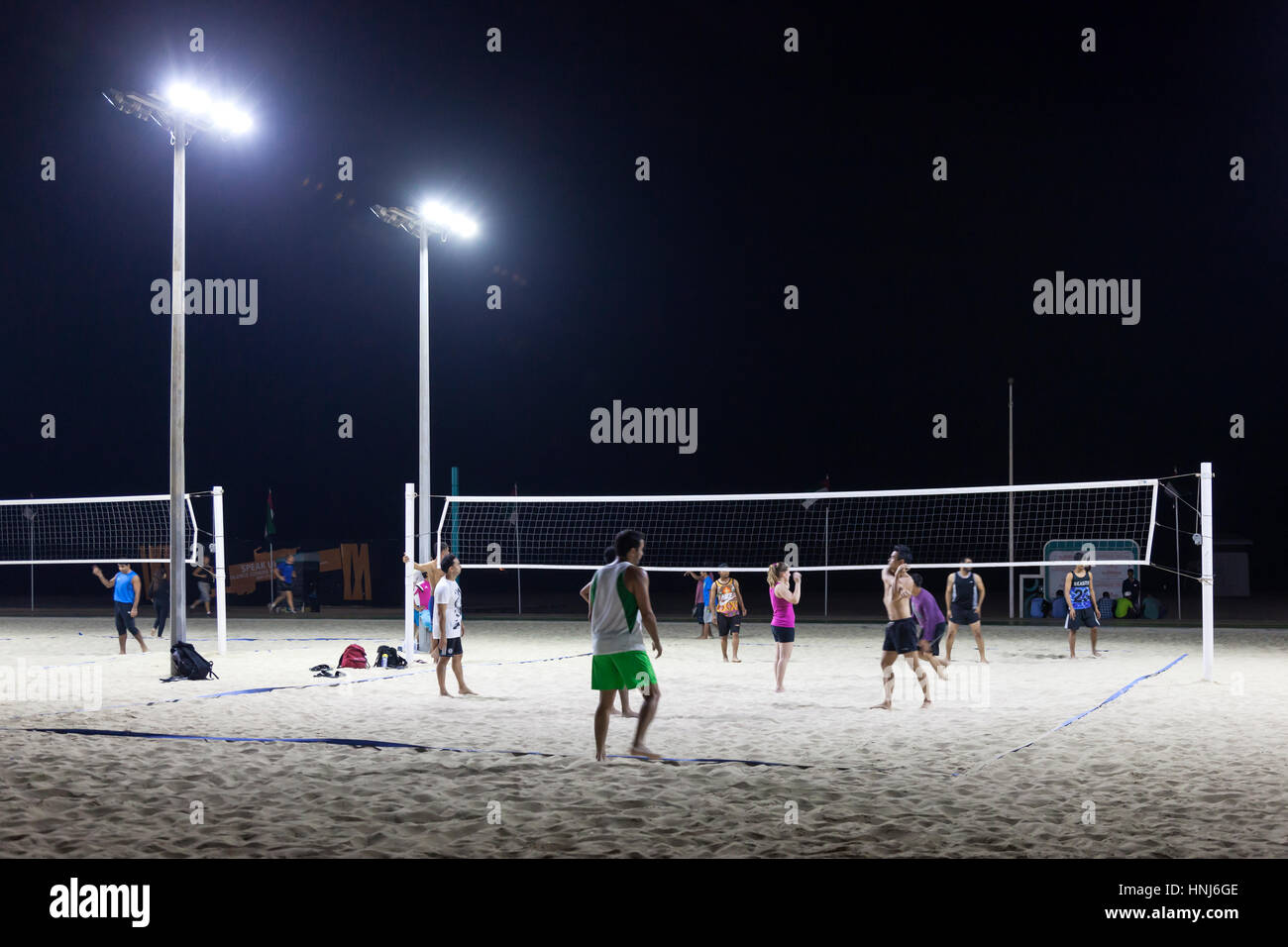 DUBAI, UAE - DEC 5, 2016: Beach Volleyball at night the Kite Beach in Jumeirah. Dubai, United Arab Emirates Stock Photo
