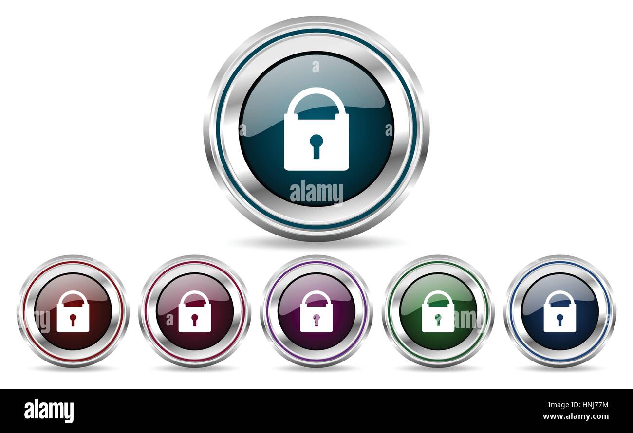Vector padlock icons. Chrome border round set of web buttons. Silver