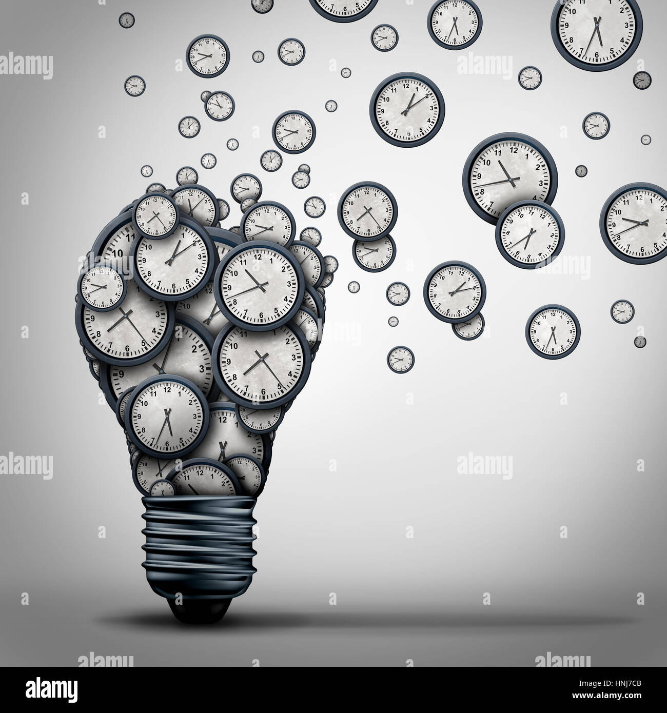 Time marketing idea business training education concept as a group of clock objects shaped as a light bulb that is spreading. Stock Photo