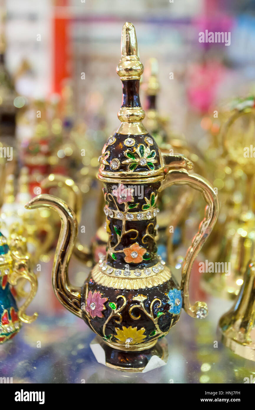 Traditional oriental coffee can small present for sale in Dubai. United Arab Emirates, Middle East Stock Photo