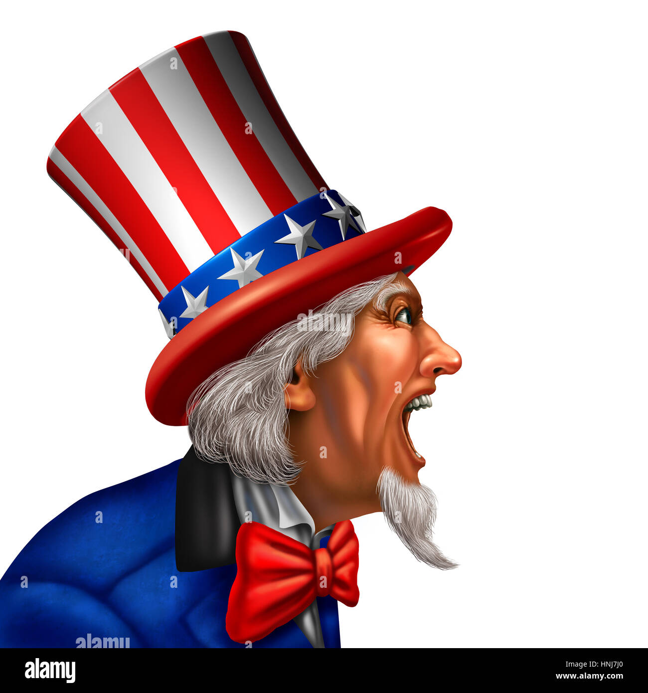 Uncle Sam in a side view yelling or talking on a white background as an American government character communicating a message on a white background wi Stock Photo