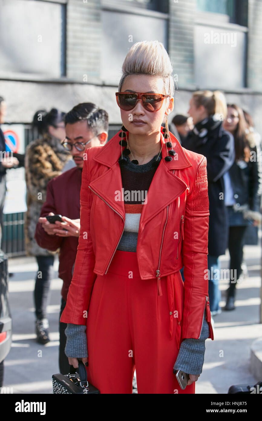 Esther Quek before Giorgio Armani fashion show, Milan Fashion Week street style on January 17, 2017 in Milan. Stock Photo