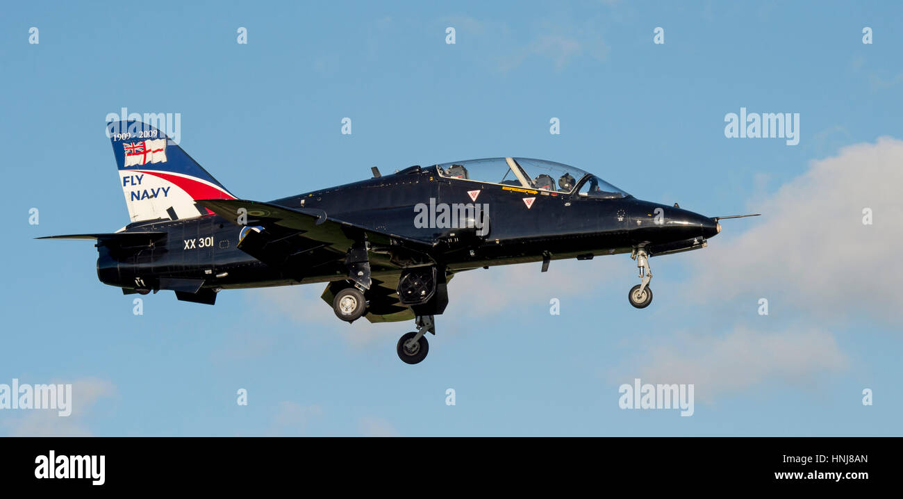 Royal Navy Hawk T1 approaching RNAS Culdrose Stock Photo