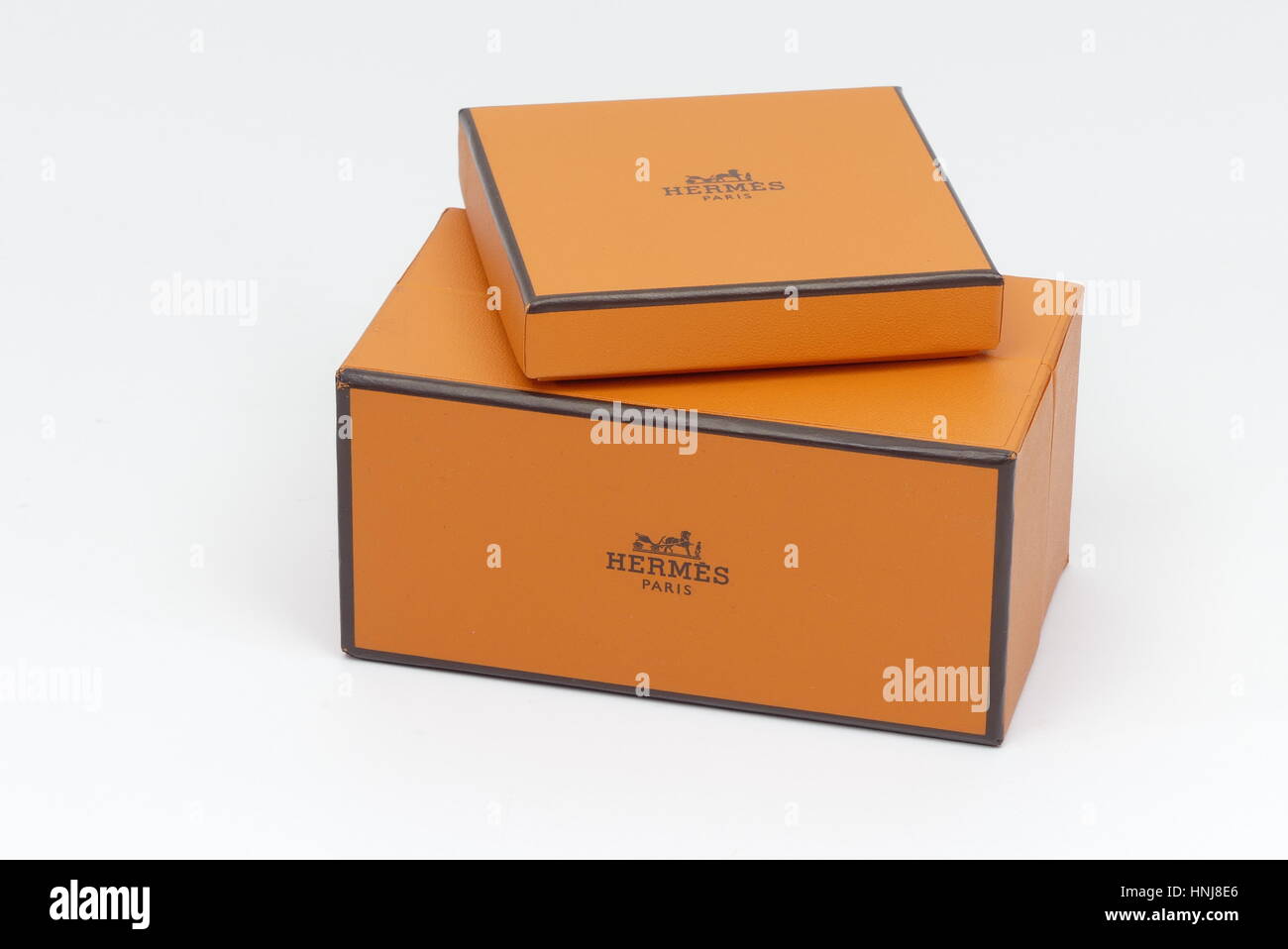Lorient, France - February 06, 2017: Closeup of Hermes Paris luxury orange  boxes on white background Stock Photo - Alamy