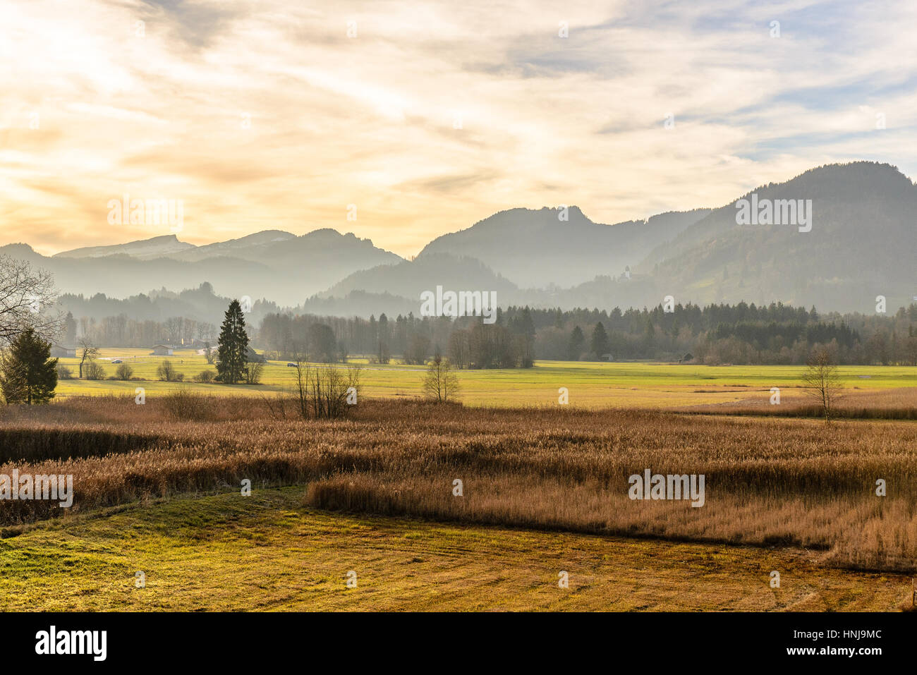 alpine landscape at sunset in Allgau. Germany Stock Photo