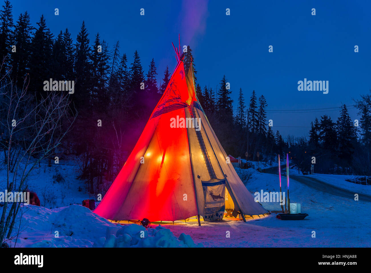 Illuminated tipi, First Nation Camp, Flying Canoe Volant Festival, Mill