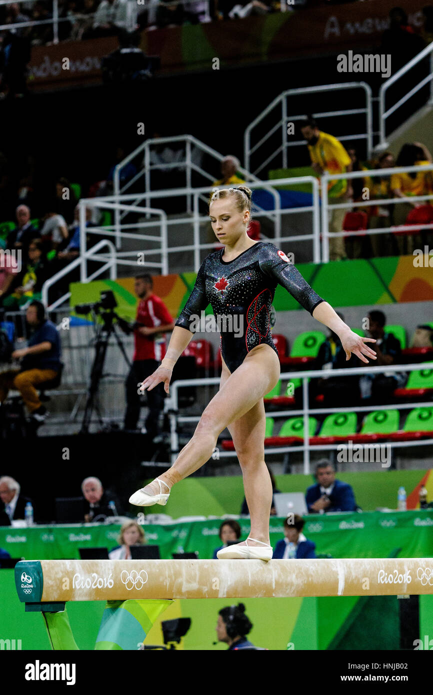 Rio de Janeiro, Brazil. 11 August 2016.Elsabeth Black (CAN) performs on the balance beam during Women's artistic individual all-around at the 2016 Oly Stock Photo