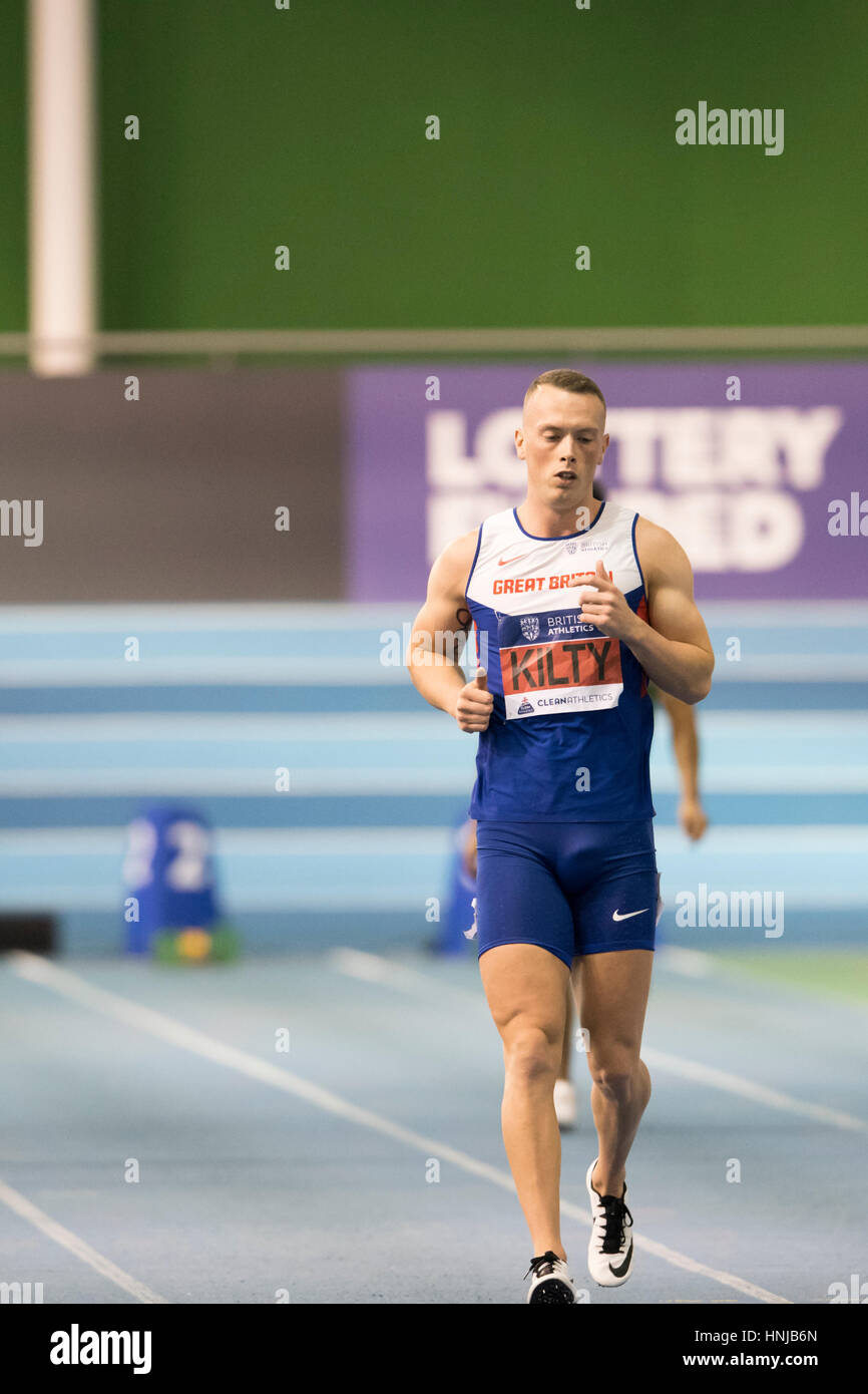 Richard Kilty reacts after a false start in the 60m final at the British Athletics Indoor Team Trials at the English Institute of Sport, Sheffield, Un Stock Photo