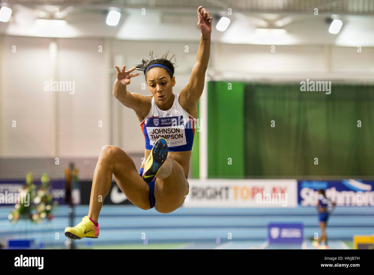 Katarina Johnson-Thompson competes in the long jump at the British Athletics Indoor Team Trials at the English Institute of Sport, Sheffield, United K Stock Photo