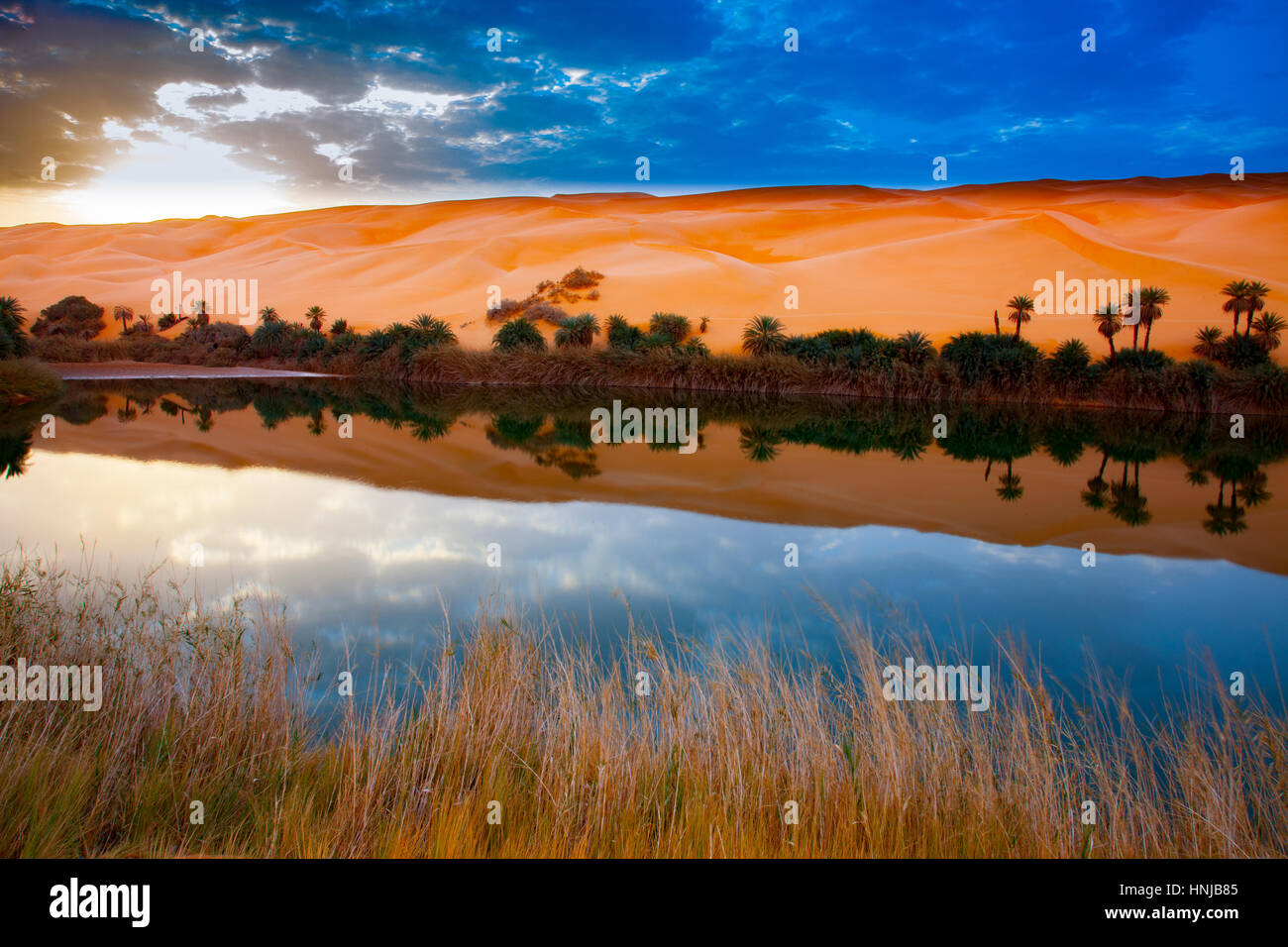 Umm-al-Maa Lake reflections, Sahara Desert, LIbya Ubari Lakes, Ubari Sand Sea  Natural salt lakes in Sahara interior Stock Photo