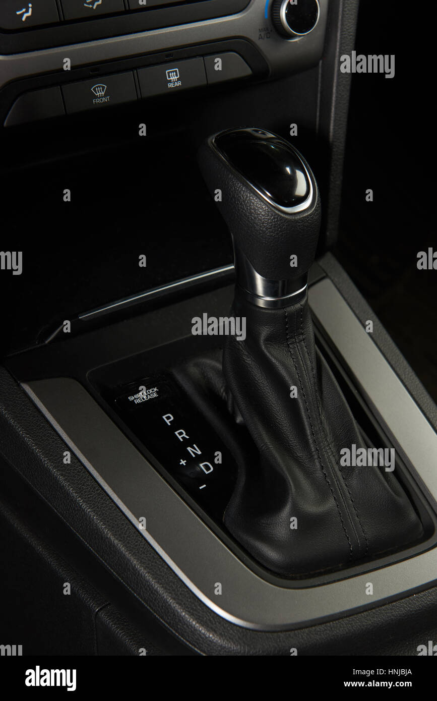 Automatic transmission selector handle in modern car close up Stock
