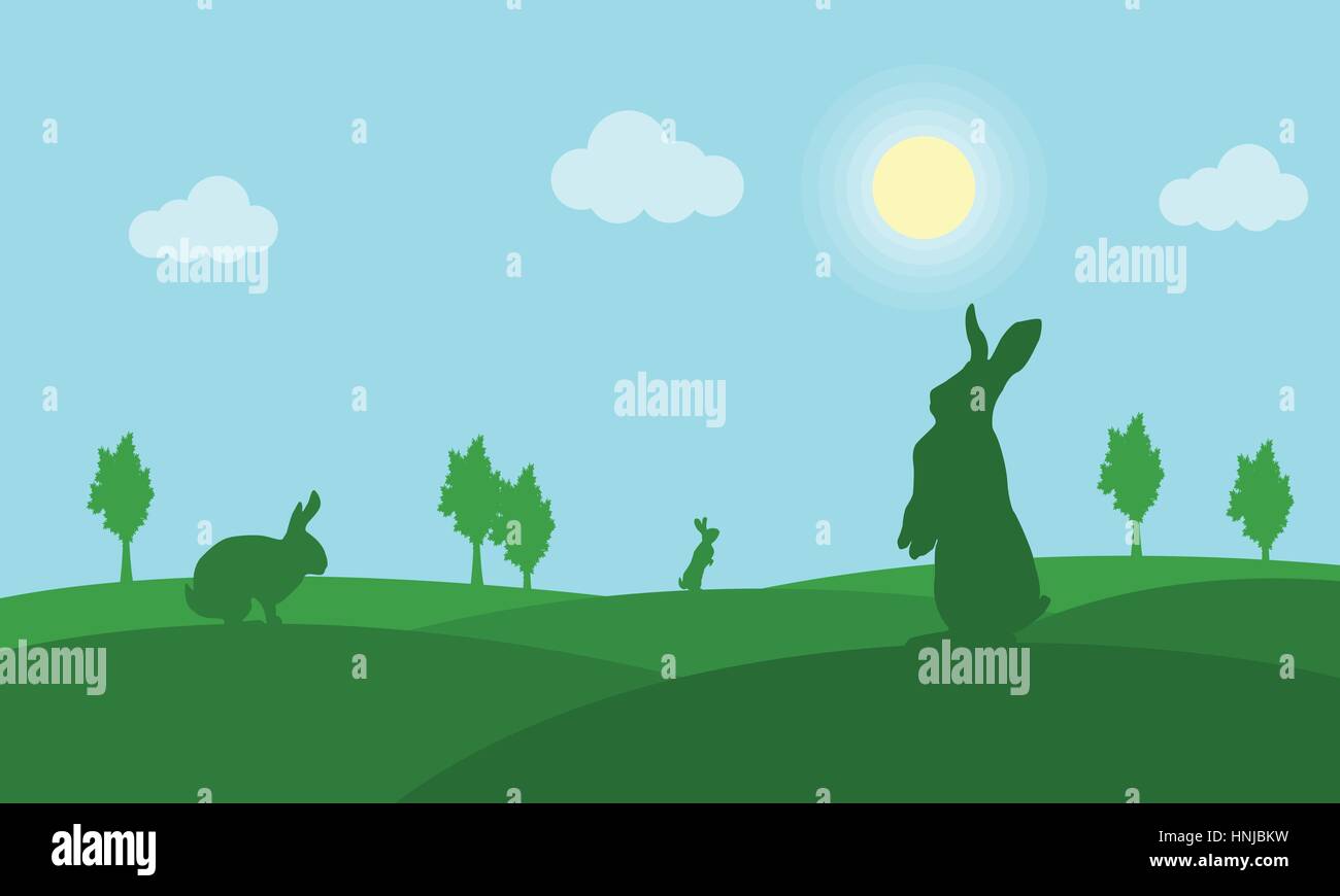 Silhouette of easter bunny landscape on green backgrounds vector art ...