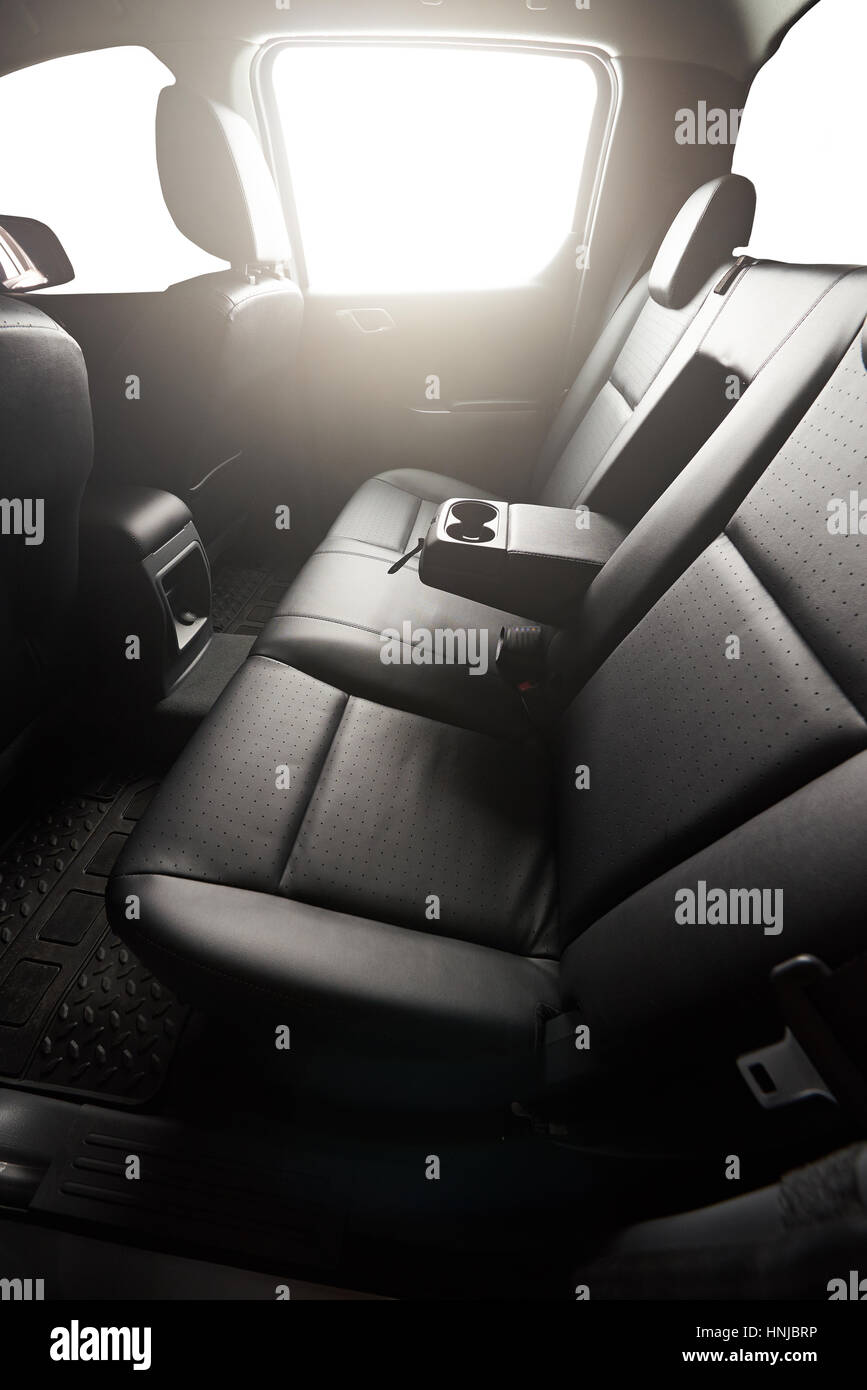 Clean interior of pickup with leather black seat and isolated windows Stock Photo