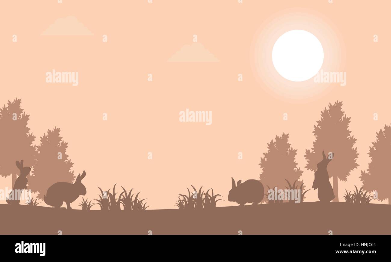 Silhouette of bunny at sunset landscape vector art Stock Vector Image