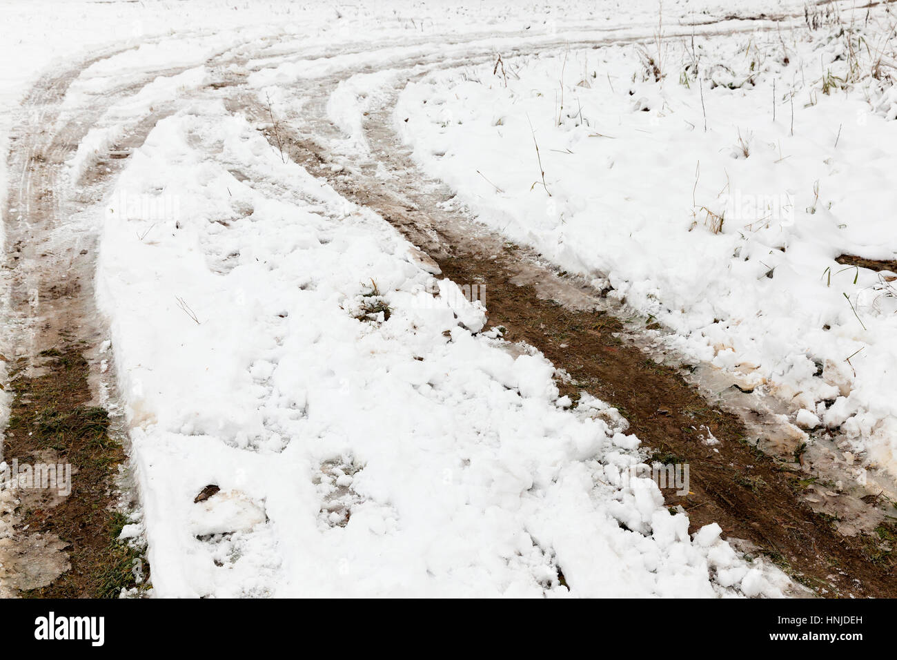 Car tracks in the snow in the winter season. Photo gauge on the surface ...