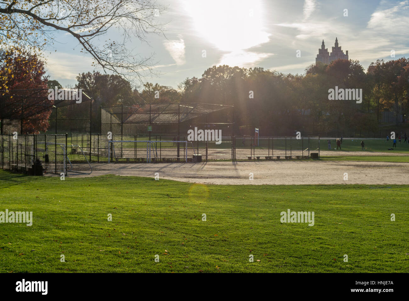 Central Park contains docens of baseball diamonds. The ones in this picture are located in the North Meadow Stock Photo