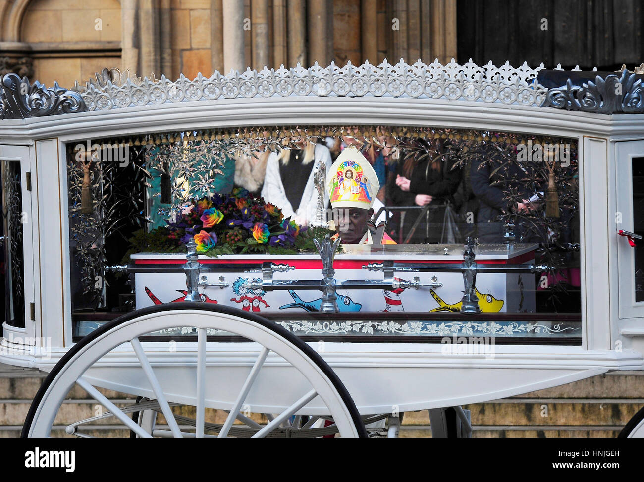 The coffin of seven-year-old Katie Rough leaves York Minster following a funeral service. Stock Photo