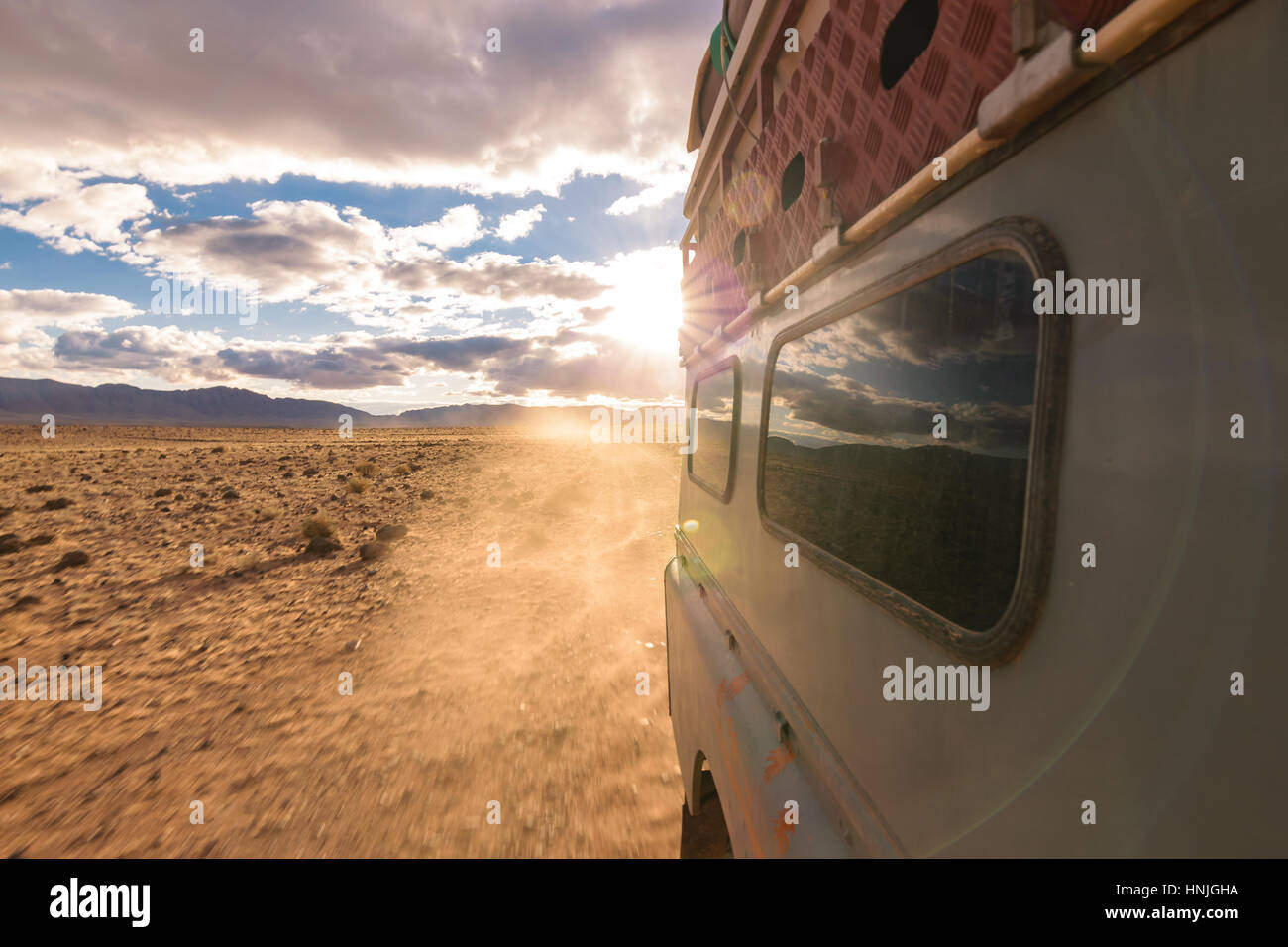 4x4 vehicle oldtimer driving off-road in Morocco Stock Photo