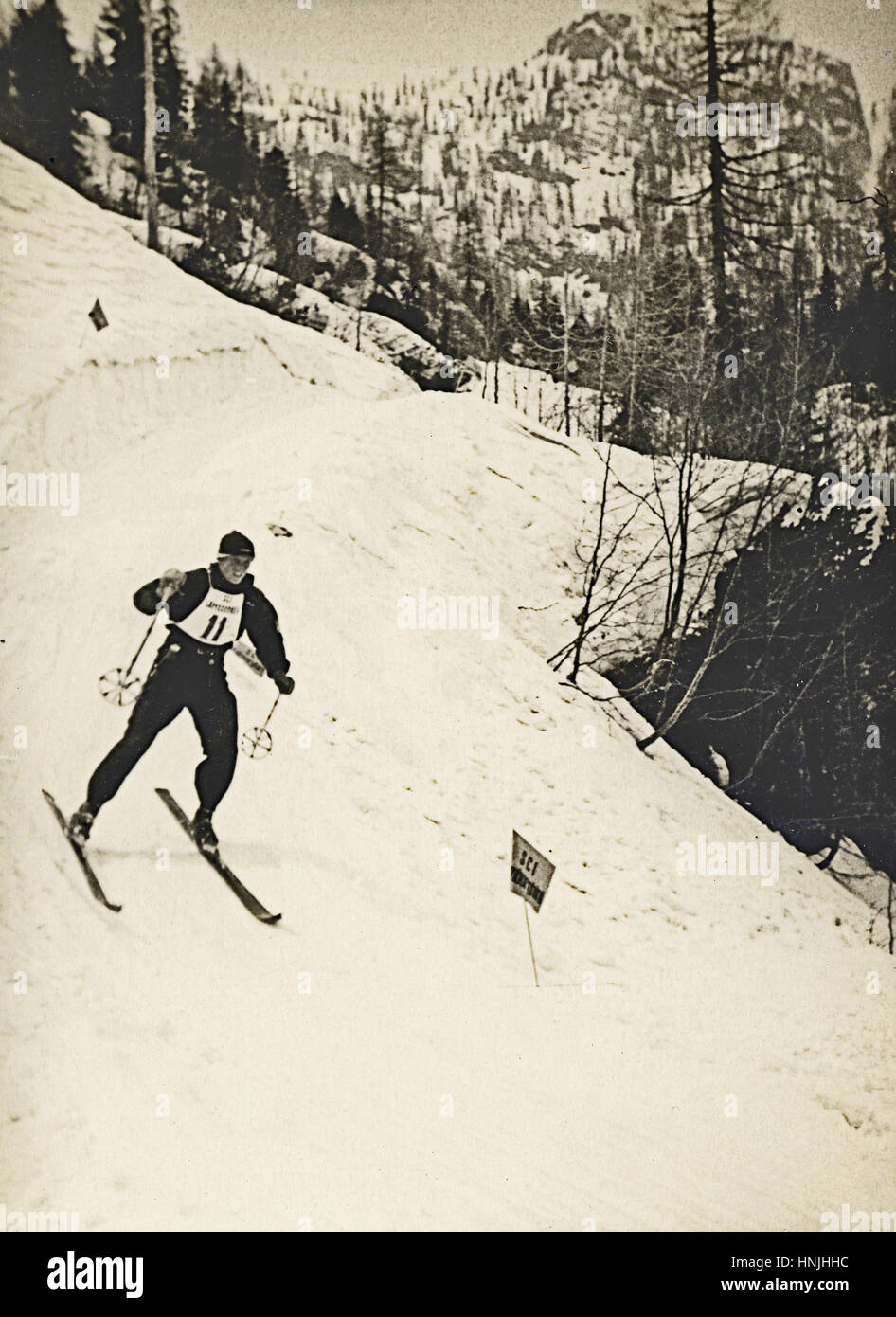 Canins 1937, Italy. Skier at slalom ski race. Scan from analog photography, private family collection before WWII. Stock Photo