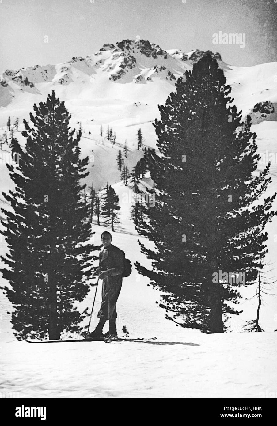 Italy, Dolomites, pass Sorel, 1939 - A skier poses between fir trees on his way to excursion on Alps glacier. Scan from analog photography, private family collection before WWII. Stock Photo