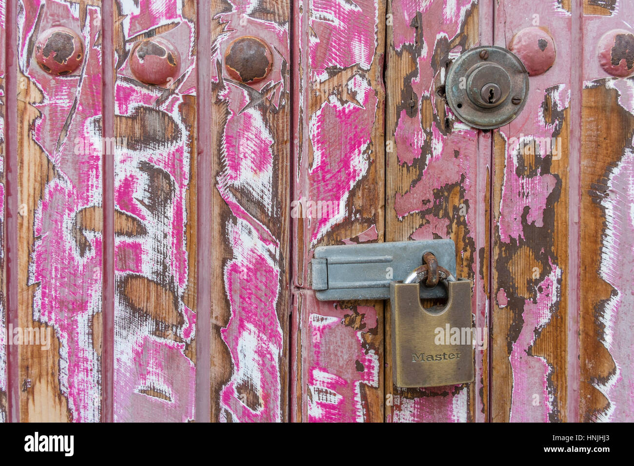 close image of a wooden colourful door. Stock Photo