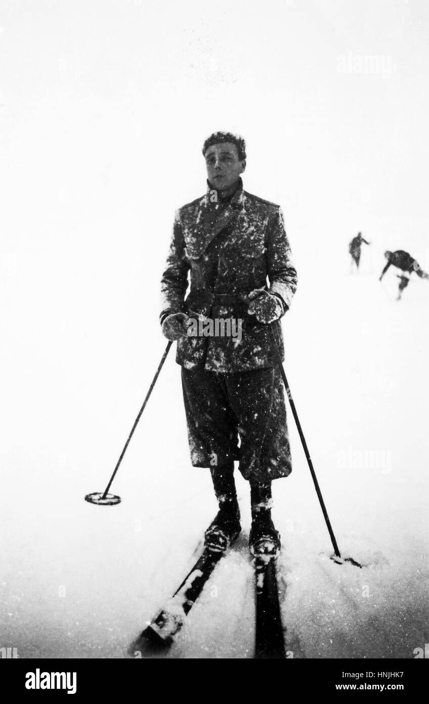 1939, Cortina-Pocol Italy -skier in a snow storm.  Scan from analog photography, private family collection before WWII. Stock Photo