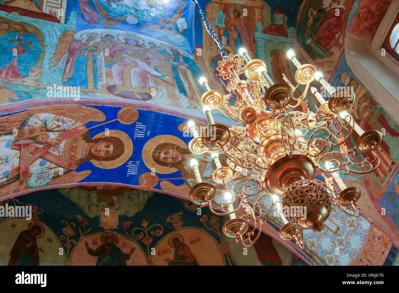 Chandelier and frescoes inside the Transfiguration Cathedral  of the Saviour Monastery of St. Euthymius, Russia, Suzdal Stock Photo