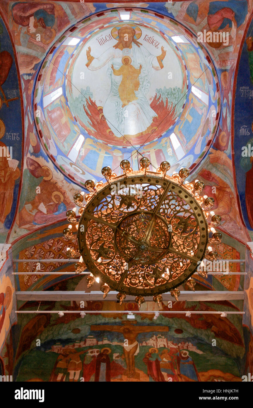 Chandelier and frescoes inside the Transfiguration Cathedral  of the Saviour Monastery of St. Euthymius, Russia, Suzdal Stock Photo