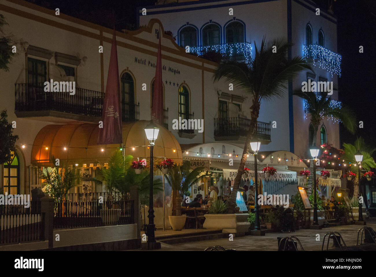 bars and restaurants at night in Puerto de Mogan, Gran Canaria, Spain Stock Photo