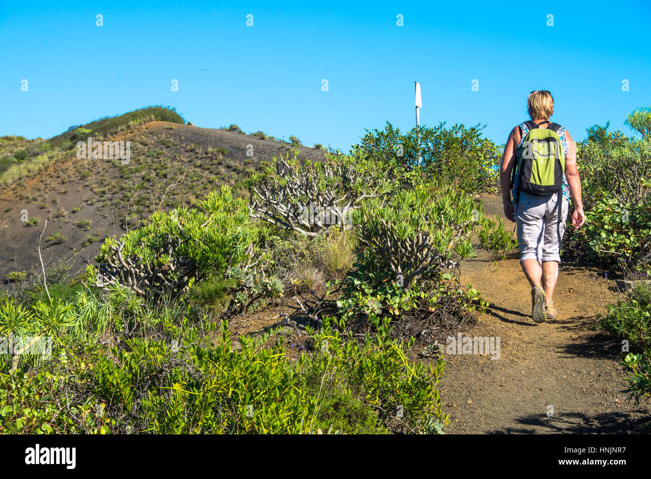 woman walking at caldera of Bandama crater iat Gran Canaria, Spain Stock Photo