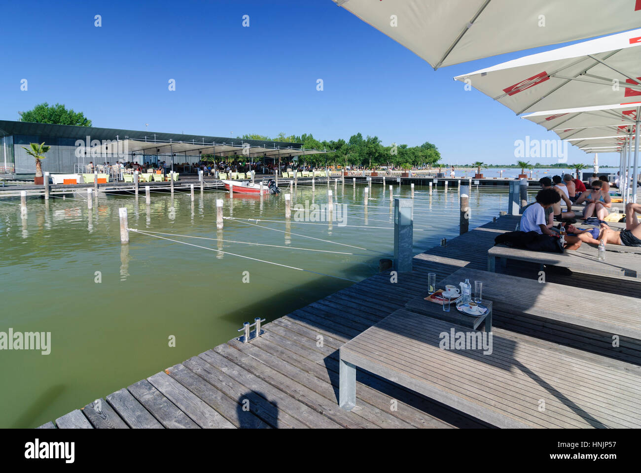 Neusiedl am See, Restaurant Mole West on Lake Neusiedl, Neusiedler See (Lake Neusiedl), Burgenland, Austria Stock Photo