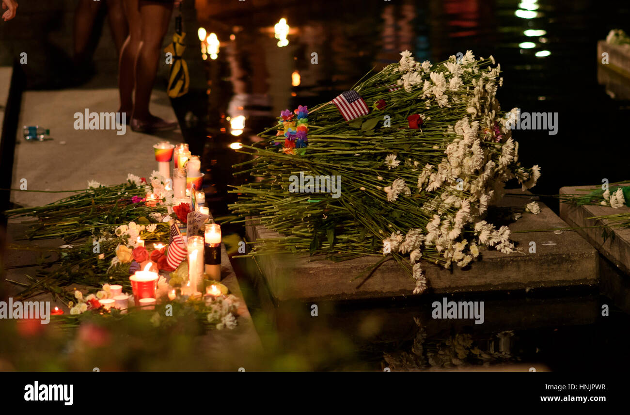 A Candlelight Vigil honored the victims of the Pulse nightclub shooting at Lake Eola Park in Orlando, Florida on June 19, 2016. Stock Photo