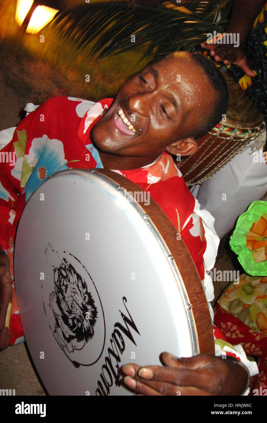 Sega musician, drummer during the International Festival Creole, Mauritius, Sega musician, International Creole Festival Stock Photo